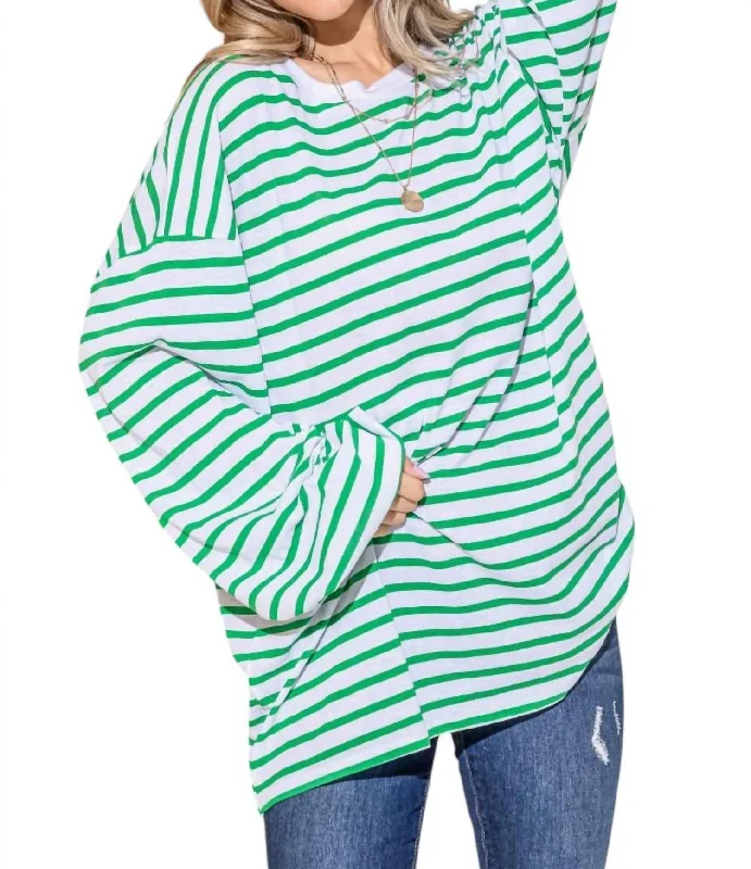 Oversized Striped Balloon Sleeve Top In Green