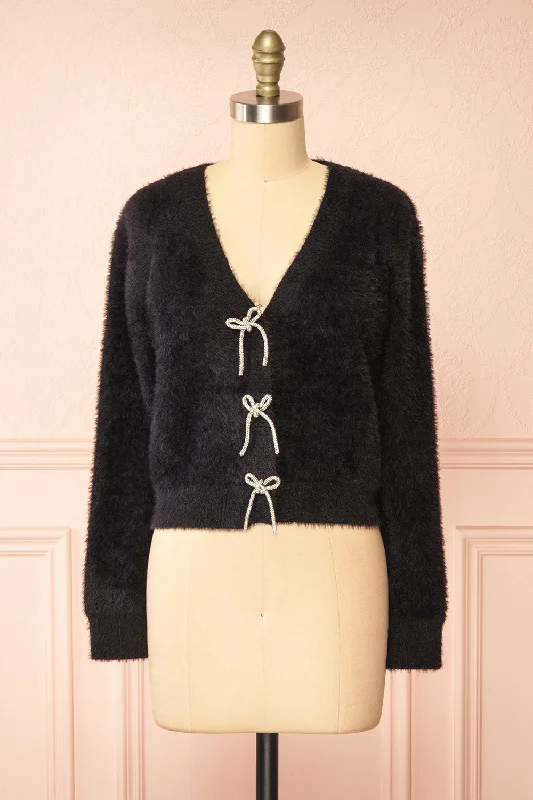 Fitia | Fuzzy Black Cardigan w/ Crystal Bows